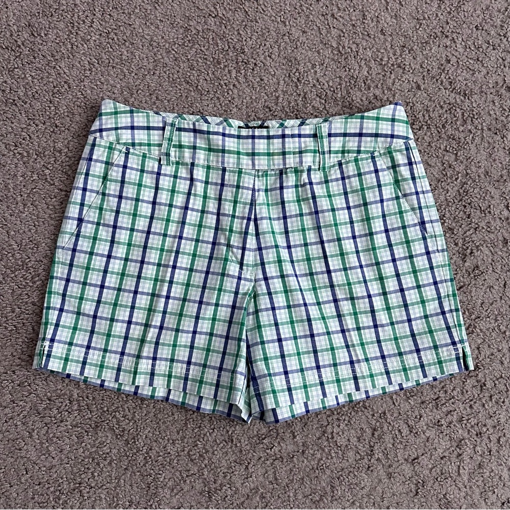 Adidas Womens Chino Short 6 Plaid Green Blue Stretch
